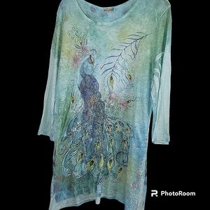 Studio Gem Q Embellished Peacock Tunic Top 3/4 Sleeves Size XL